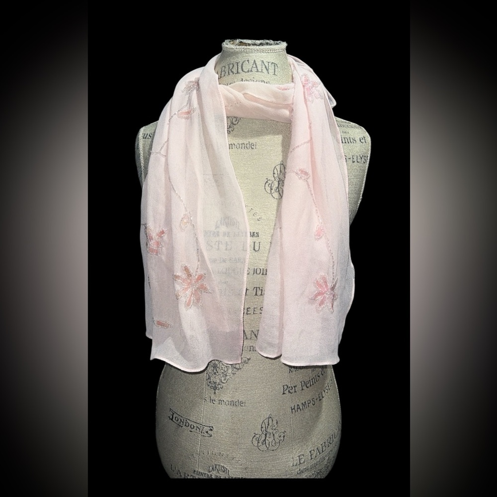Vintage Beaded Elegant Pink Floral Scarf